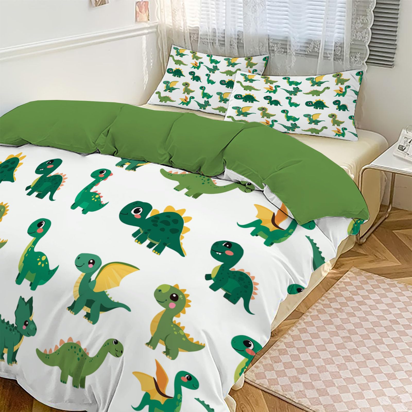 Juego de Cama Reversible Dinosaurio Verde– Funda Nórdica de Funda de Edredón Animales De Dibujos Animados con Fundas para Niños, Niñas y Niños, Verde Esmeralda