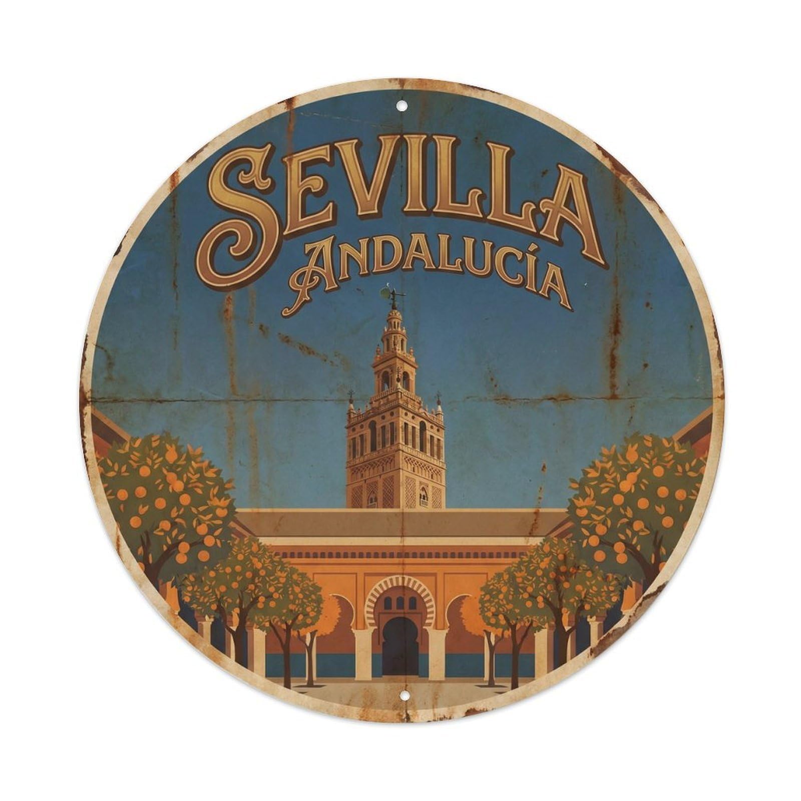 Vintage Travel Seville Andalusia Spain Metal Tin Sign Plaque Wall Decor for Cafe, Club Bar, Office, Home Garden Round Metal Poster 8x8Inch