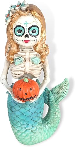 Needzo Decoración de esqueleto de sirena de Halloween, decoración de Día de los Muertos, figura de resina espeluznante, 10 pulgadas