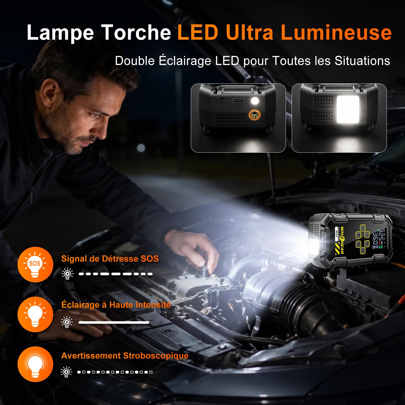 Booster Batterie Voiture 9000A avec Compresseur 160PSI, Démarreur Batterie Voiture 12V pour Tous Gaz/10L Diesel, Jump Starter avec Gonfleur Pneus, Écran LCD et 2 Lampes LED
