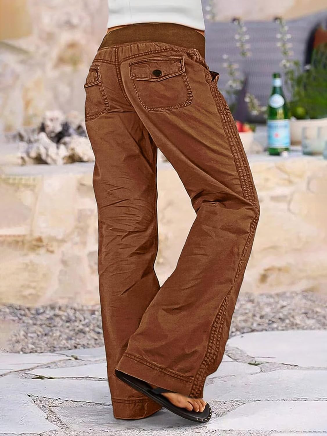 Flamingals Straight Leg Pants for Women Drawstring Waist Mid Rise Casual Solid Seam Detail Pants - Image 2