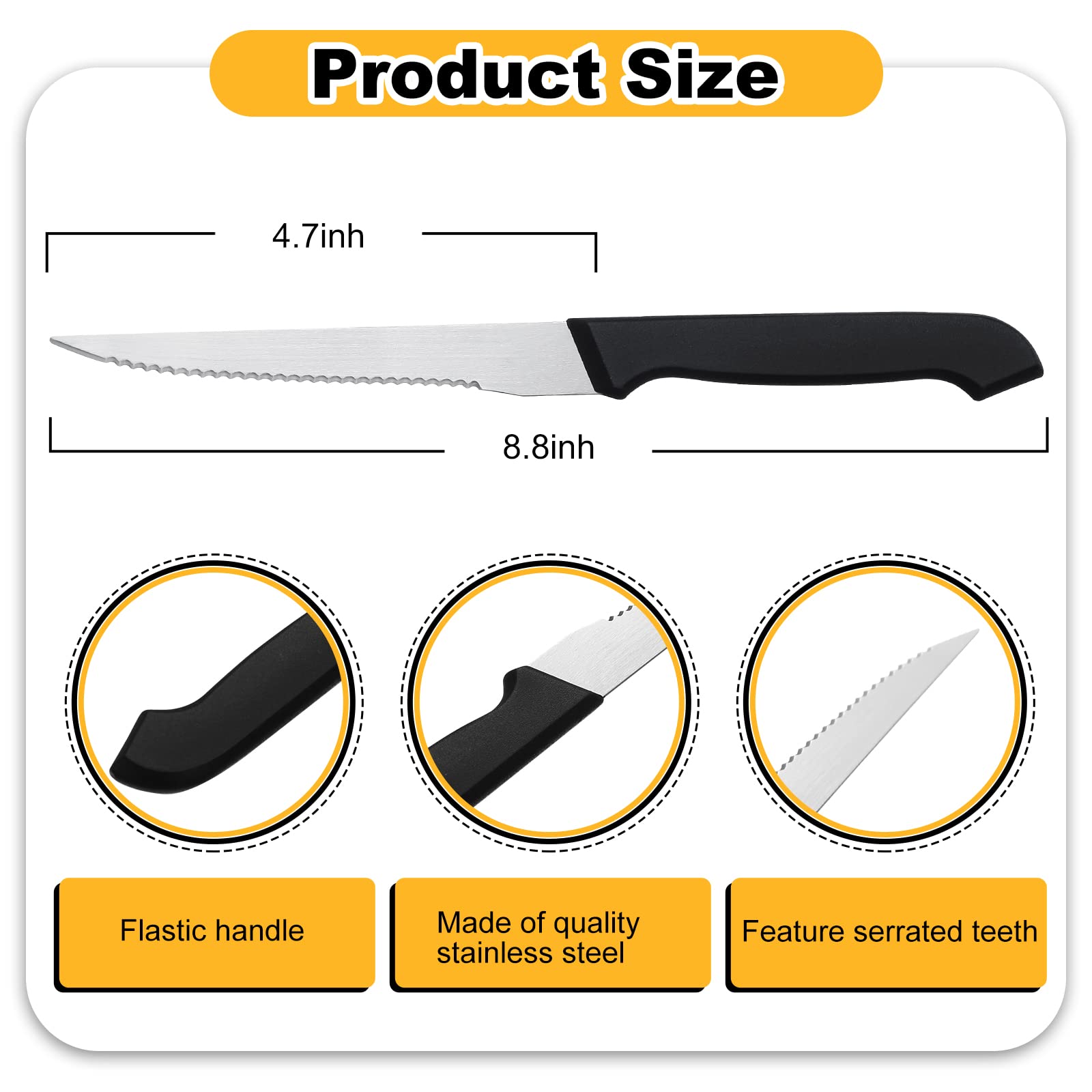 Therwen 50 Pieces 8.8 Inch Serrated Steak Knife Set Pointed Tip Stainless Steel Steak Knife Sharp Blade Flatware for Kitchen Restaurant Camping