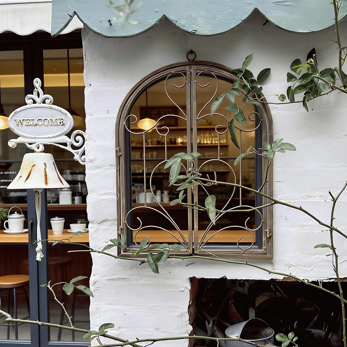 Rustikale Deko-Fenster mit Halbbogen zum Öffnen Eisen Sprossen-Fenster Scheunenfenster Fensterrahmen Fenster Attrappe Ranken Optik Wanddekor für Gartendeko Landhausstil Rost