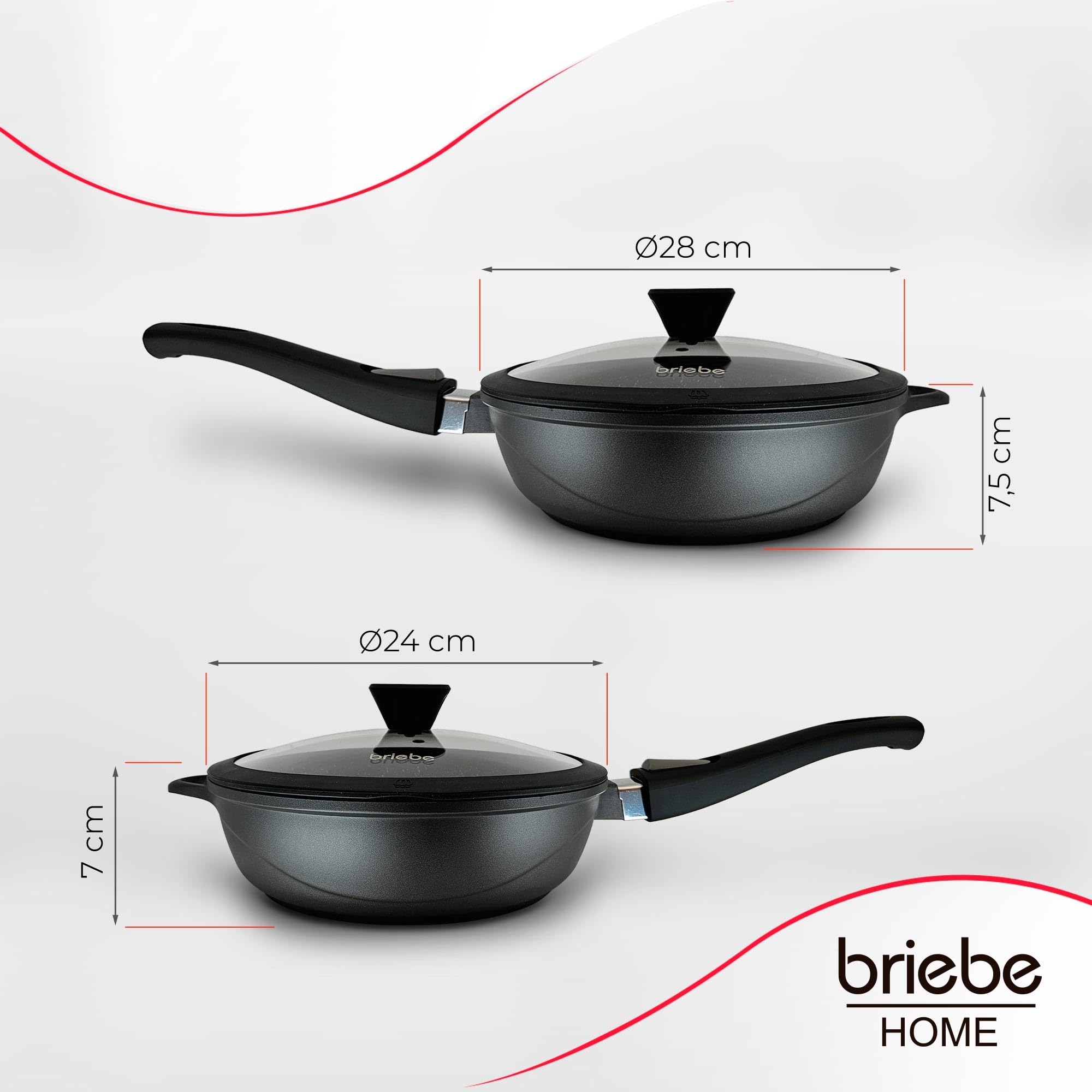 briebe Juego de 2 Sartenes Inducción Antiadherentes,2 Mangos Extraíbles Desmontables Hondas 24/28 cm, Aluminio Fundido, ILAG GRANITEC sin PFOA, Tapas Cristal, Vitrocerámica, Gas, Horno, MGK-19S