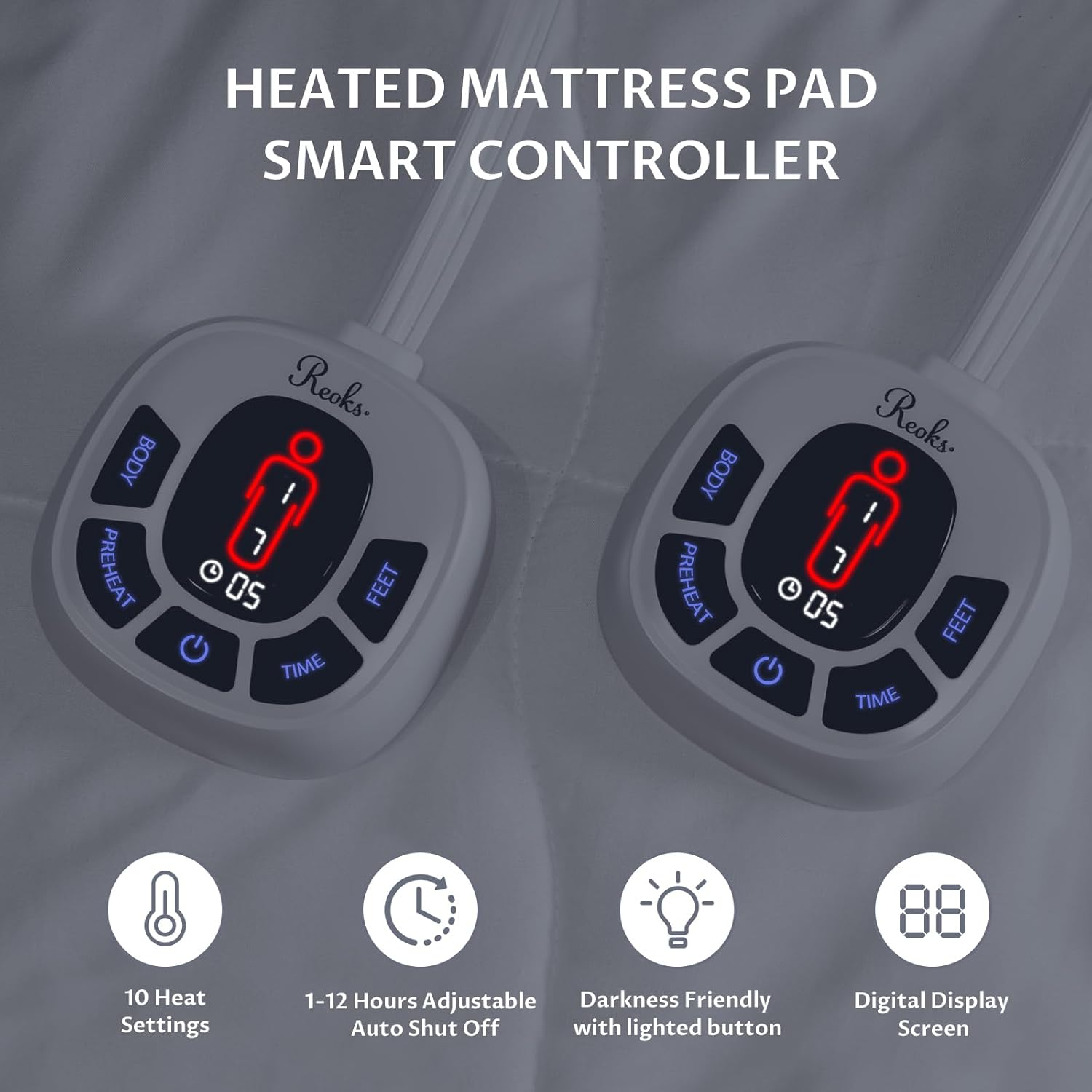 Queen Size Multi Zone Electric Heated Mattress Pad - Bed Warmer with Memory & Preheat Functions, 10 Heat Settings Dual Control for 1-12 Hours Auto Off, Lighted Button - Image 4