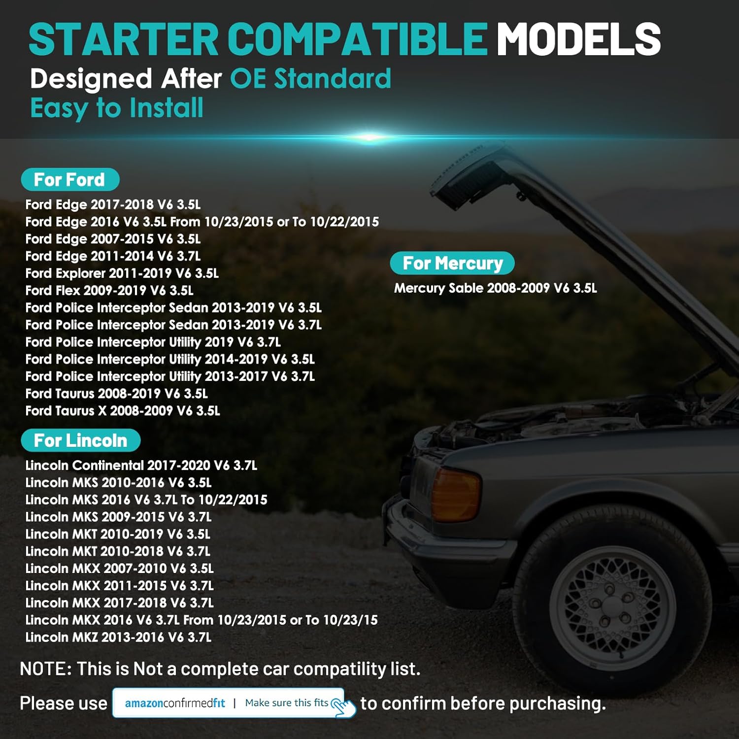 6692 Starter Motor Fit for Ford Explorer 11-19, Edge 07-18, Flex 09-19, Taurus, for Lincoln MKZ MKX MKS MKT, for Mercury Sable 3.5L 3.7L Automotive Replacement Starters#6692N Engine Starter