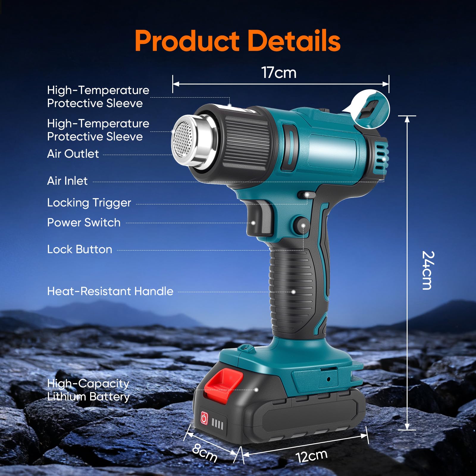 Secador de aire caliente con batería, pistola de aire caliente con batería, calentamiento rápido hasta 550°C, control de doble temperatura, con pantalla LCD, 5 boquillas y 2 raspadores, ideal para