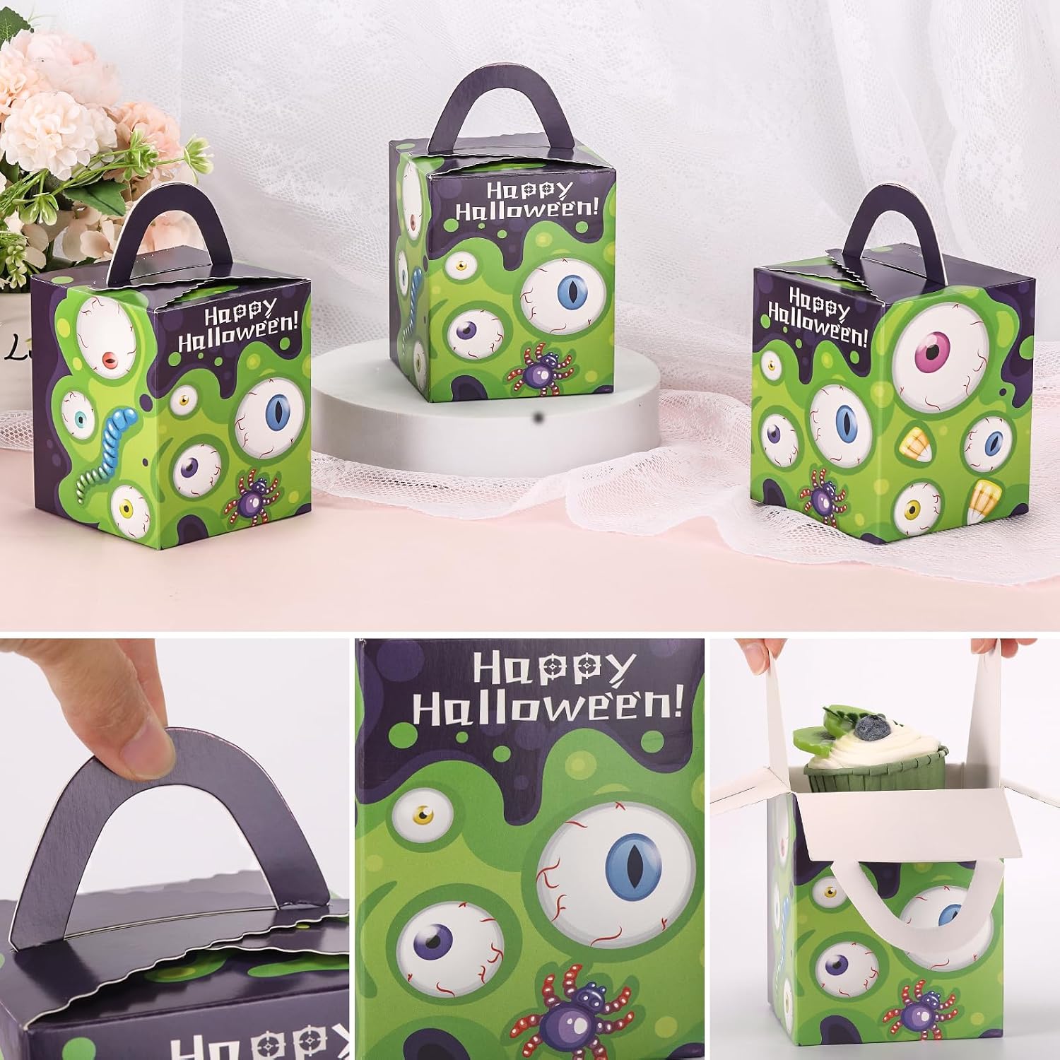 acDesign 50Pcs Cupcake Boxes Halloween Single Cupcake Boxes With Handle Clear Window Individual Cupcake Boxes for Wedding Parties,Green Eyeball