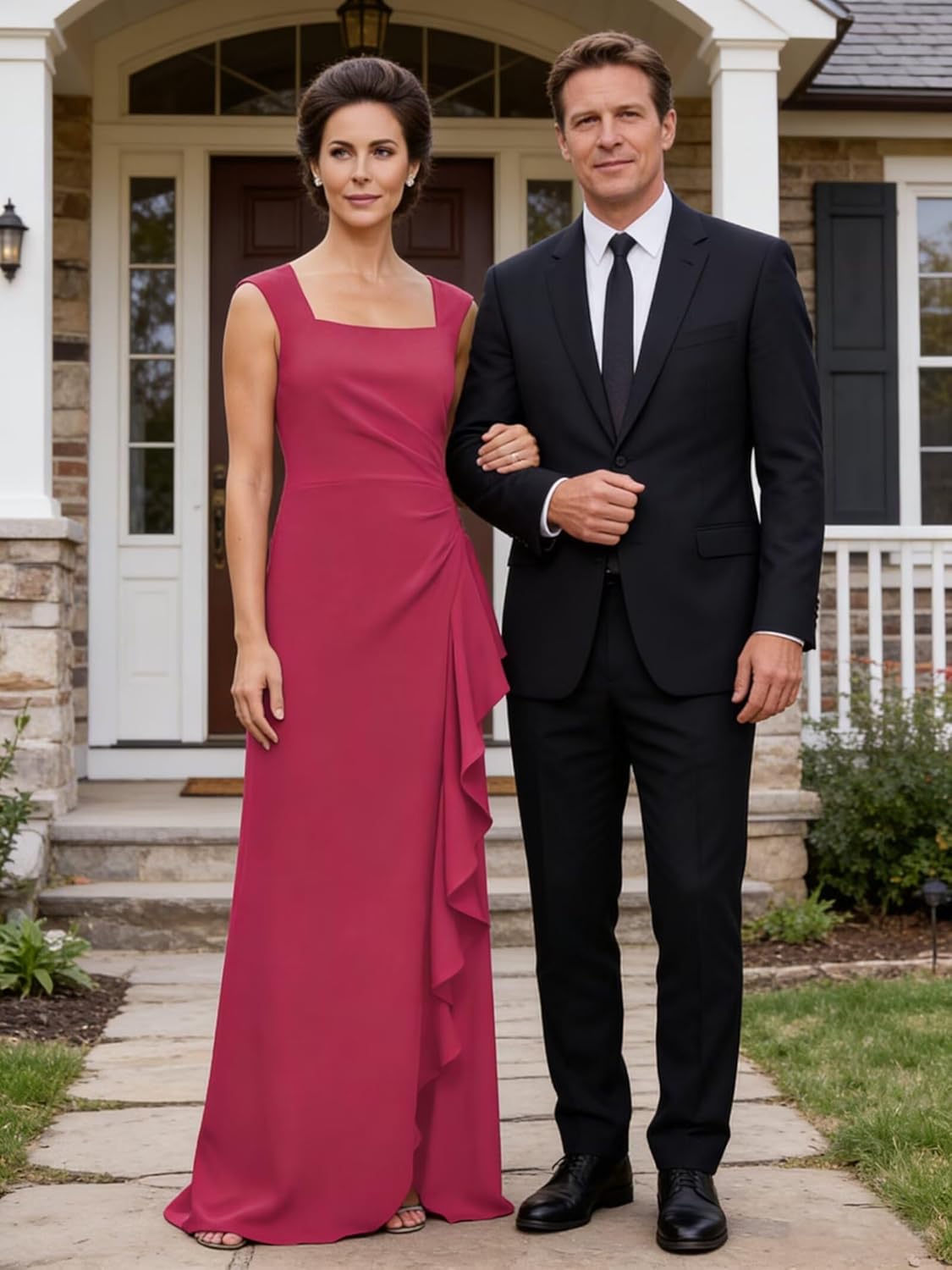 Satin Ruffled Mother of The Bride Dresses for Women Square Neck Wedding Guest Dress A Line Formal Prom Gown