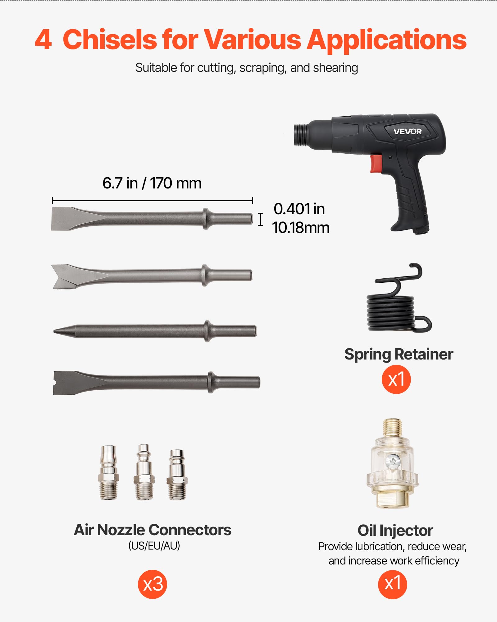 VEVOR Martello Pneumatico 2500-2700 Colpi/min, Corsa 7 cm, 4 Scalpelli 17 cm