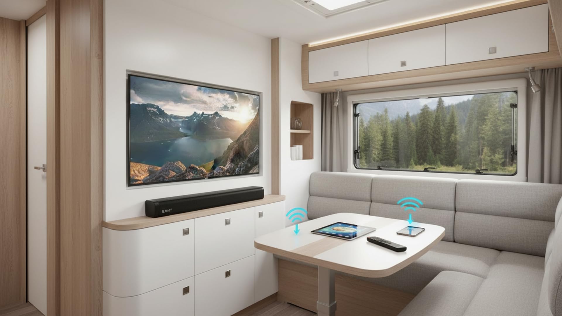 Barra de Sonido 12V con conectividad BT 5.0 para Smart TV, Ideal para autocaravanas, Camper, embarcaciones, náutica, Control Remoto, Mando a Distancia, Dimensiones 480x60x60mm