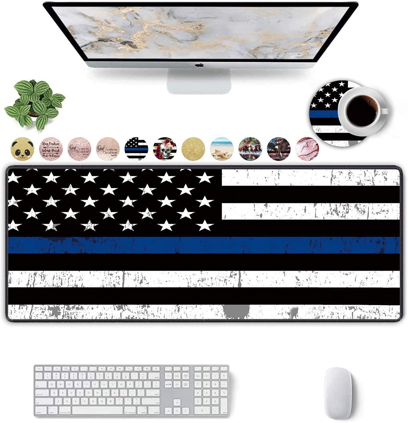 XXL Large Extended Gaming Mouse Pad Retro Thin Blue Line American Flag Mouse Pad with Non-Slip Base , Desktop Pad Suitable for Gamers,Suitable for Desktop,Office and Home + Coffe Cup Coaster