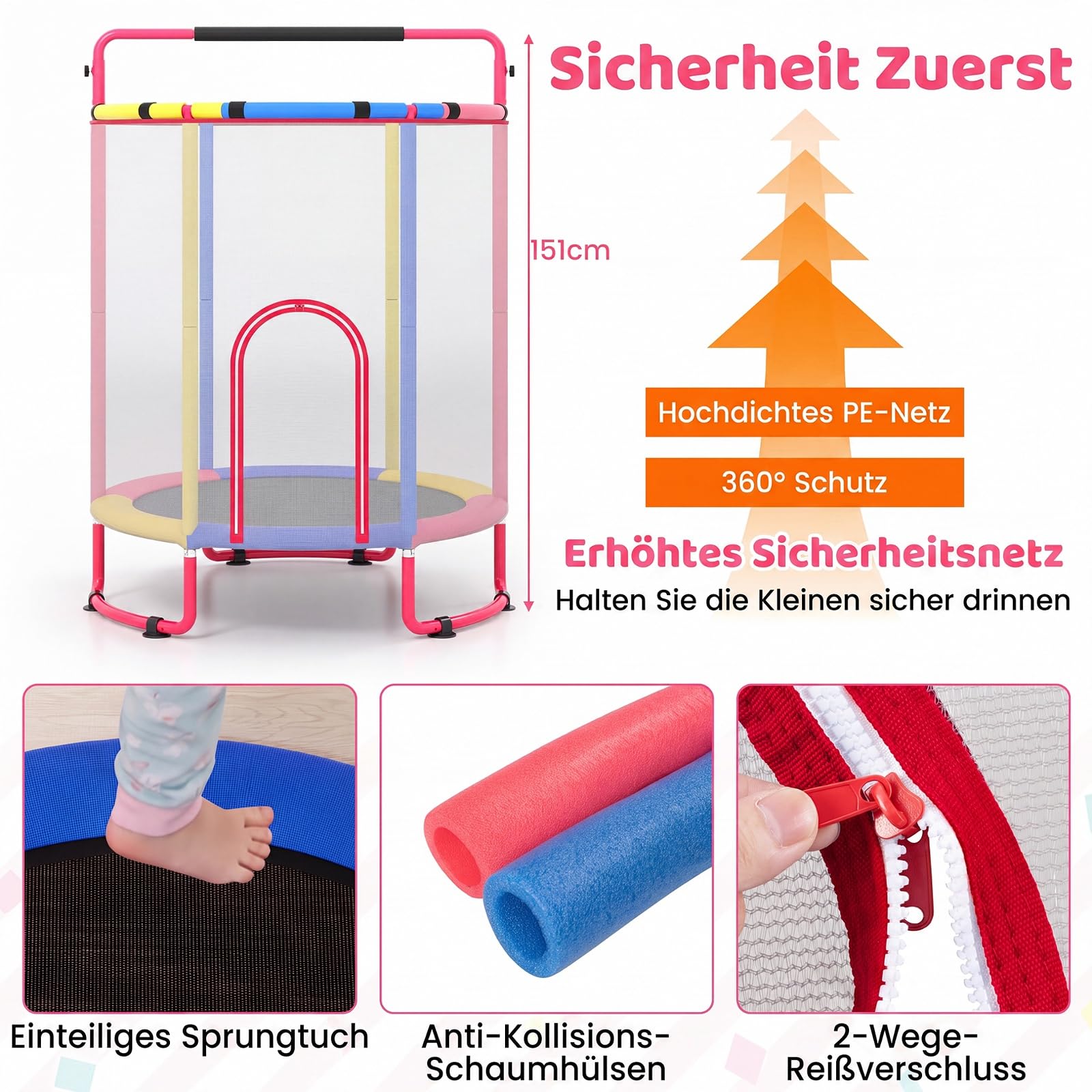 COSTWAY 6 in 1 Kindertrampolin mit Sicherheitsnetz | Trampolin Kinder mit Schaukel, Basketballkorb, Turnstange, Dartscheibe & Barren, Gartentrampolin für Indoor & Outdoor