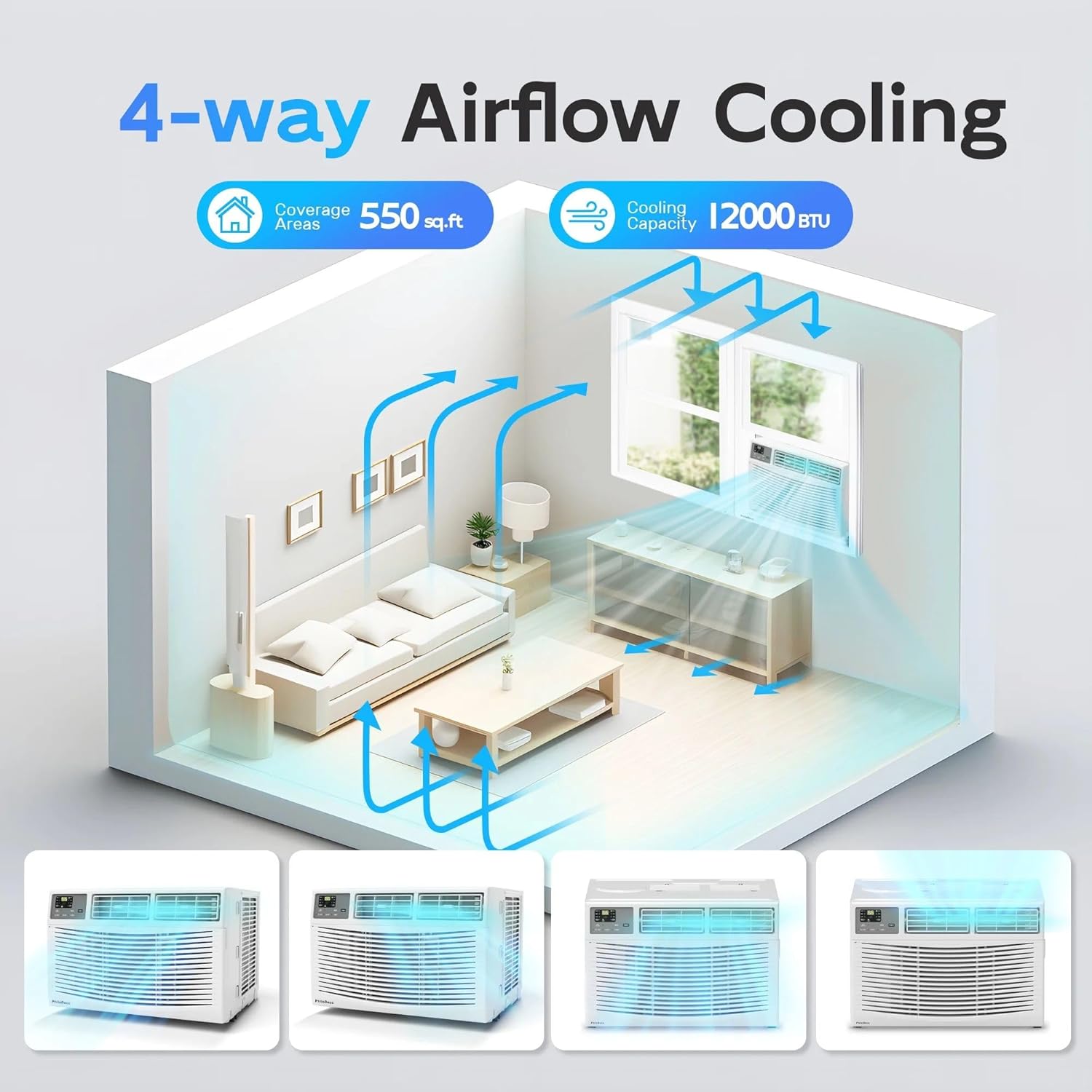 Diagram illustrating 4-way airflow cooling from the PhiloDeco air conditioner, showing cool air distributing across a 550 sq ft room.