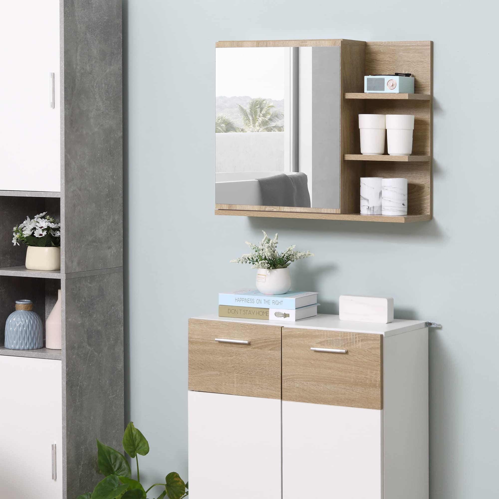 kleankin Mobile Specchiera Bagno a Parete, Armadietto Pensile con Anta a Specchio e 3 Ripiani Laterali in Legno, 60x18x50 cm, Color Legno