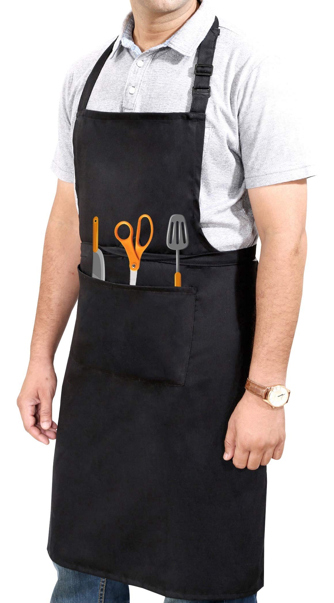 Ruvanti Professional Grade Black Aprons for Men/Women Adjustable Neck Strap, Size M to XXL (Large 34"x28") Comfortable & Cotton Enrich BBQ/Chef Apron/Barber Apron/Canvas Apron with 2 Pockets.