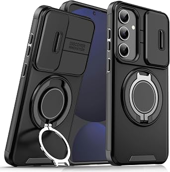 for Samsung Galaxy S25 FE Case with Slide Camera Cover, S25 FE Case with Magnetic Ring Stand, Mag-Safe Cover Military Grade Drop Protection Shockproof Phone Case for Samsung S25 FE 5G Black