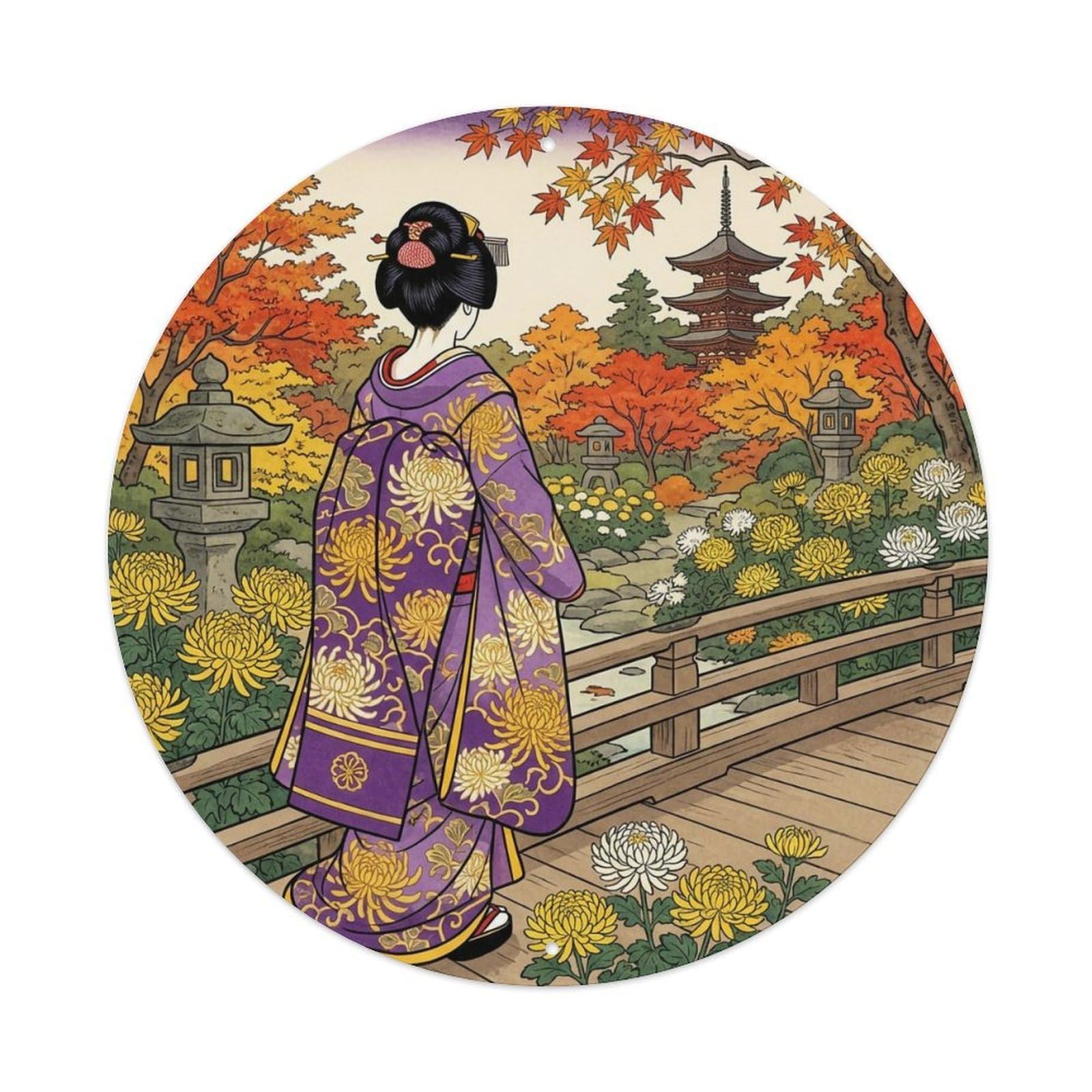 Japanese Geisha Chrysanthemum Garden Autumn Classic Scene Metal Tin Sign