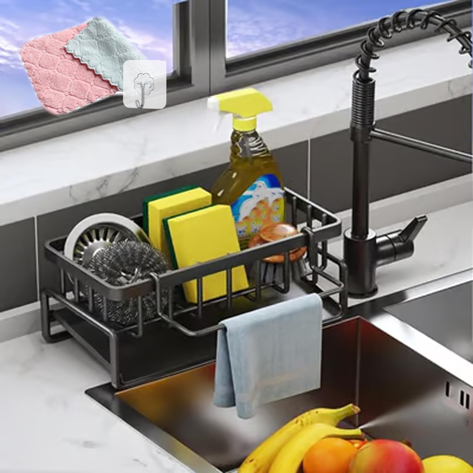 TNDCKP Self-Draining Stainless Steel Kitchen Sink Caddy, Sponge and Soap Holder with Brush Holder, Sink Organizer for Kitchen, Bathroom, Countertop