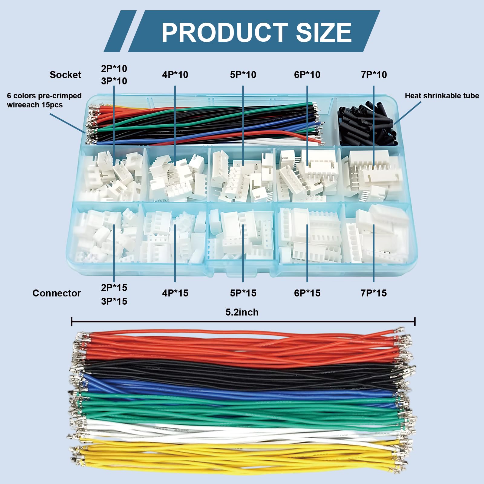 Kit Connettori JST XH 2.54 mm, Cavi Pre-Crimpati 22 AWG, Alloggiamenti Maschio e Femmina, 90 Fili Silicone, Tubo Termorestringente
