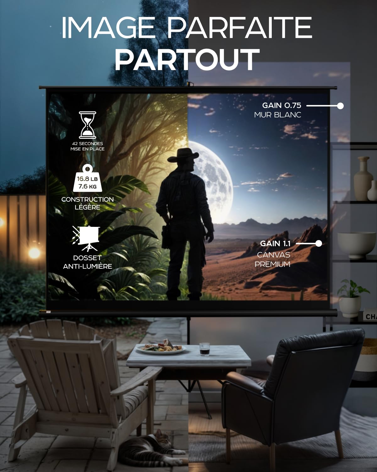 Écran de Projection sur Pieds 100 Pouces - Écran pour projecteur intérieur et extérieur pour Films ou présentations - Réglable de 4:3 à 16:9 Écran sur trépied HD Premium sans pli avec Sac, Mat