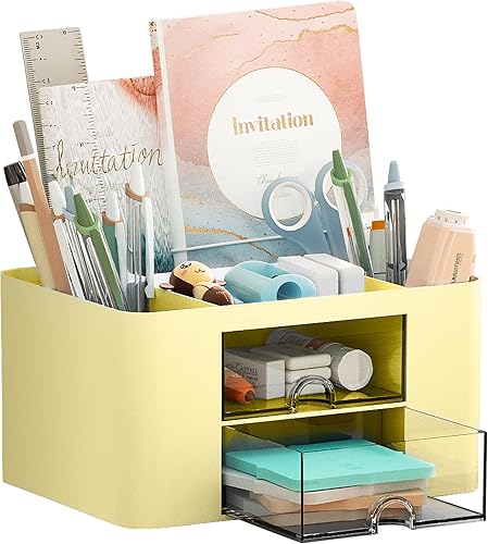 Miniatura 8 de Marbrasse Organizador de bolígrafos con 2 cajones, portaplumas multifuncional para escritorio, organizadores de escritorio y accesorios con 5 Verde