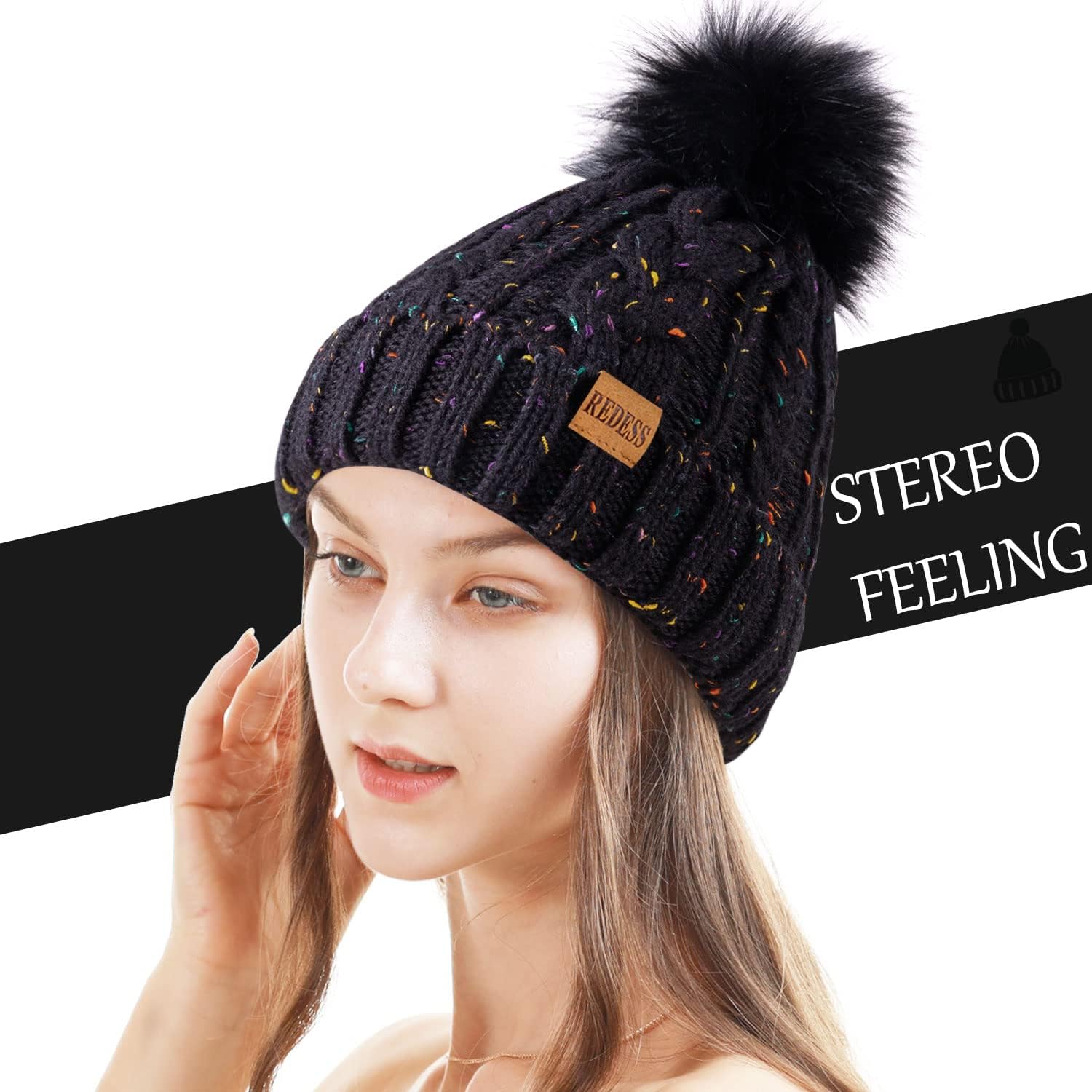 REDESS Cappello Invernale da Donna con Pom Pom Beanie Caldo Foderato in Pile Spesso Slouchy Snow Knit Chunky Baggy Skull Berretto da Sci