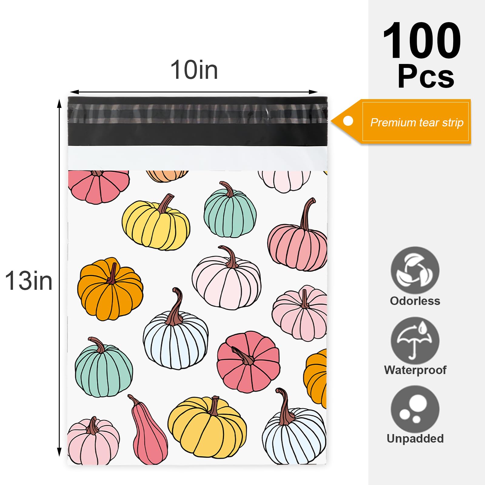 Whaline Lot de 100 enveloppes d'expédition en polyéthylène imperméables et auto-adhésives pour la récolte d'automne, Thanksgiving, vêtements de petite entreprise - 25,4 x 33 cm