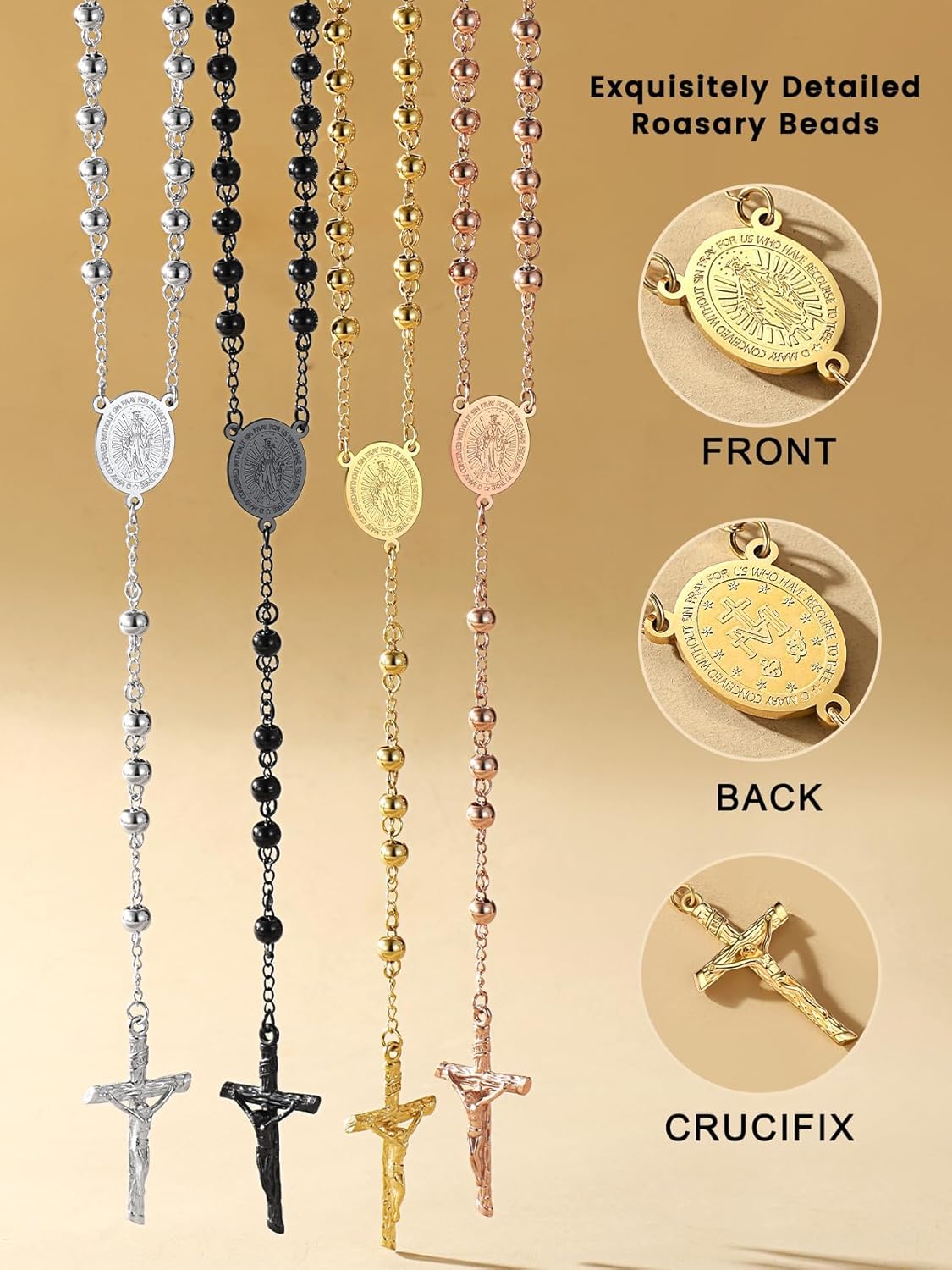 Bestyle Catholic Rosary Beads Necklace for Women Men with Cross Bible Verse Package, 4mm/6mm Virgin Mary Rosary Bead Cross Necklaces in Silver/Gold/Black/Rose Gold Tone - Image 7