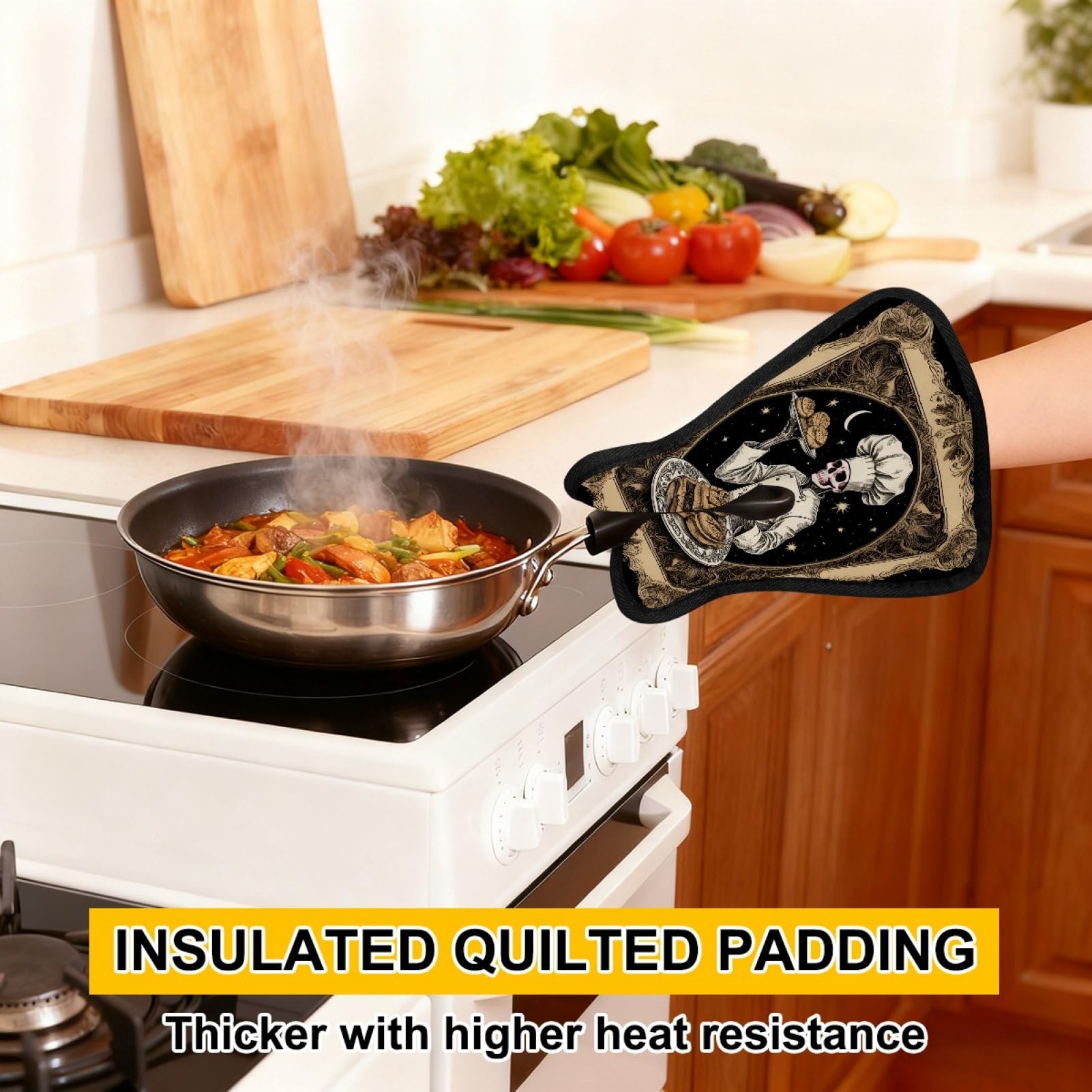 Presine con scheletro gotico con tasche, divertenti regali da forno, resistenti al calore, guanti da forno caldi per cucina, forno, presine per cucina