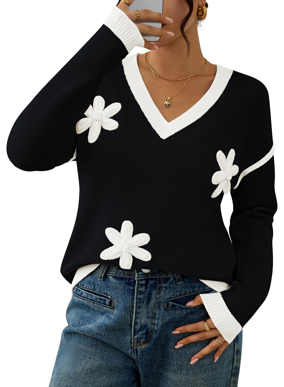 Viottiset Sweaters for Women Long Sleeve Oversized Pullovers Sweaters Soft Knit V Neck Tops Floral Clothes Fall Outfits