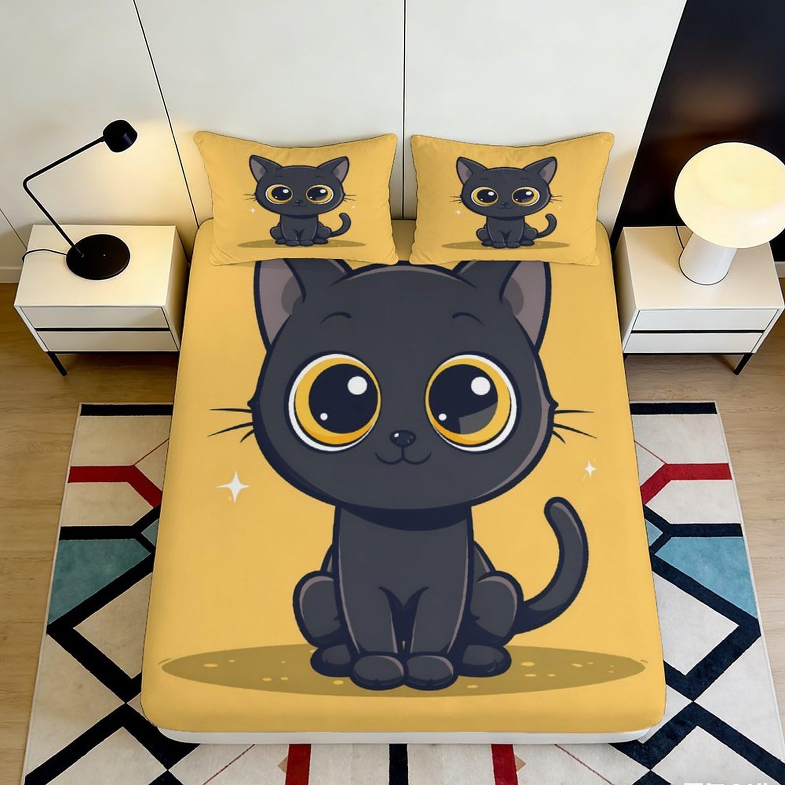 3D Printed Cute Black Cat Fitted Sheet Microfiber Soft Breathable Cartoon Kitten Bed Cover for Bedroom Dormitory Guest Room Mattress Protection 120x200x25cm