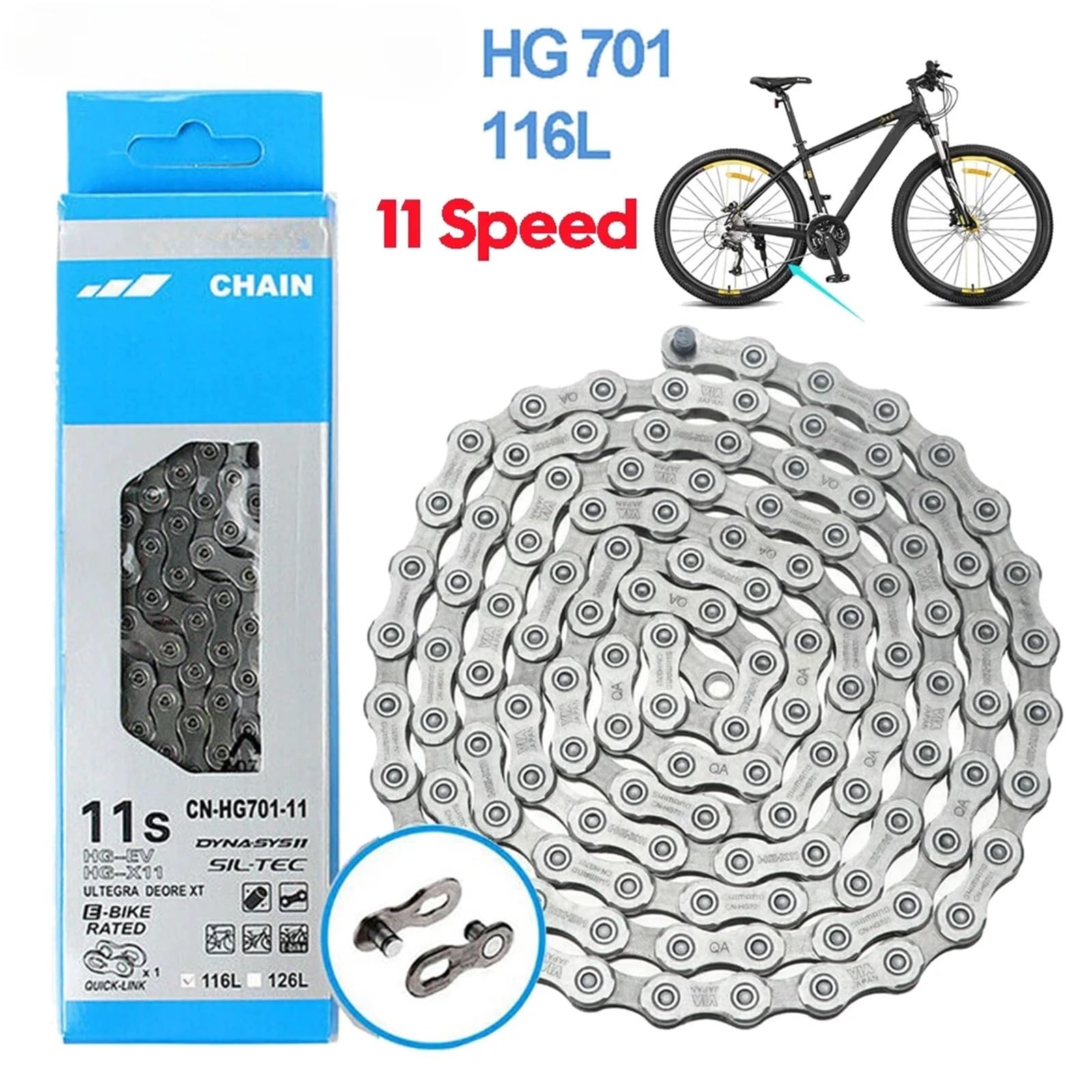 Chaîne de vélo 11 vitesses - 116 maillons avec maillon rapide for vélos route et électriques