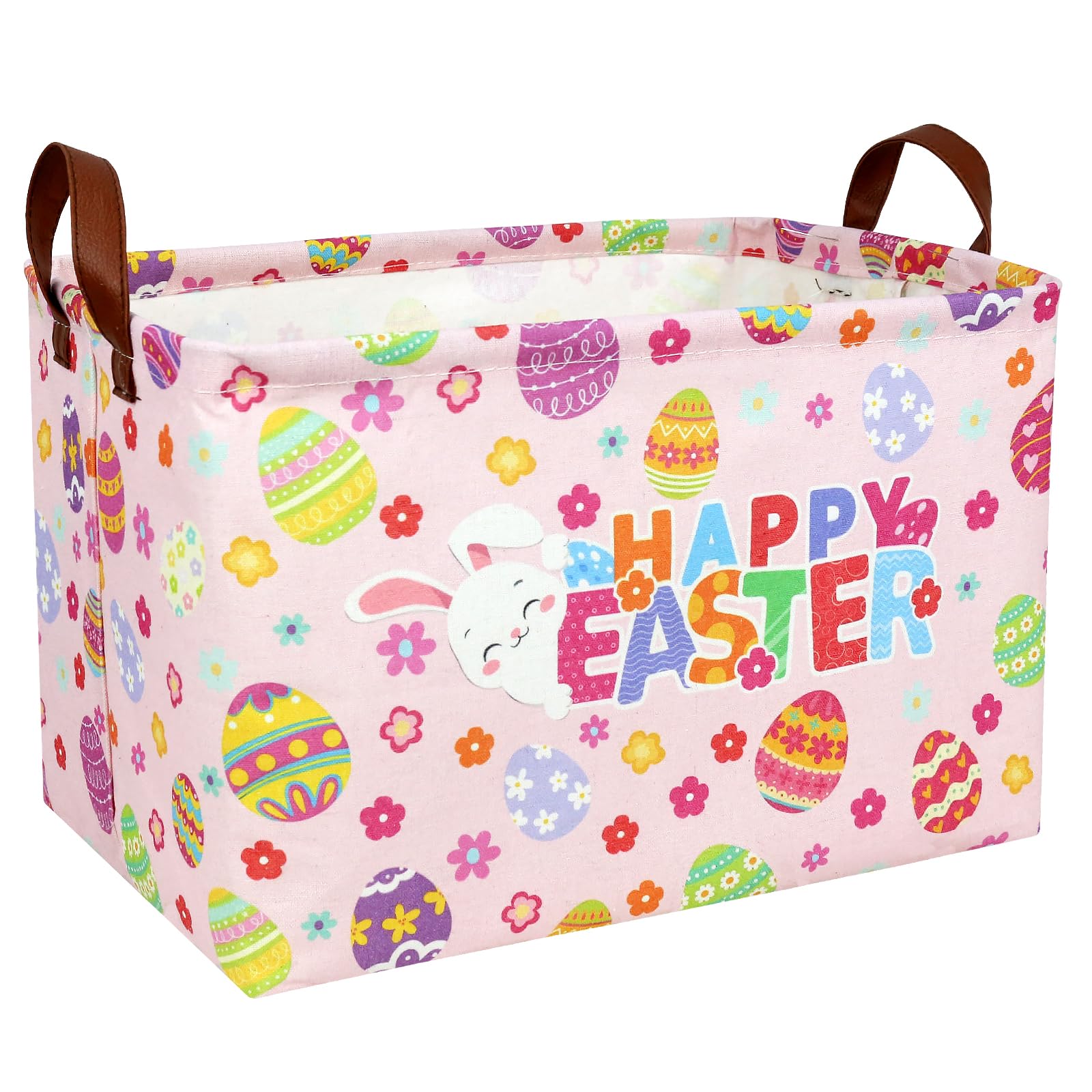 Pink Easter Basket for Kid Large Empty Baby Rectangular Cute Easter Gift Storage Basket Bunny Eggs Décor (Pink Rabbit Flower)