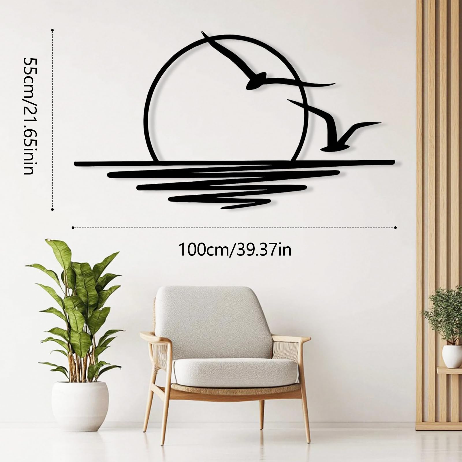 Wanddeko, 100 x 50 cm Schwarz Metall Wanddeko, wunderschöne Wanddekoration mit Möwen und Sonnenaufgang Muster, minimalistische Linienkunst Wandornament Hängen Dekor für Wohnzimmer, Schlafzimmer, Büro
