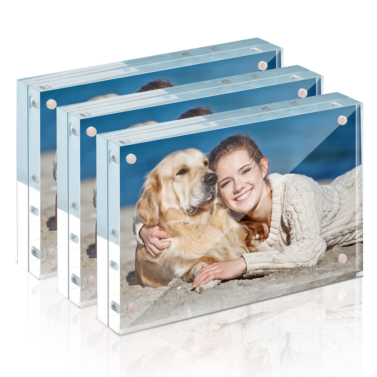 TWING Picture Frames Acrylic, 3 Pack 4 x 6 Acrylic Frame, Horizontal Magnet Double Sided 4x6 Picture Frame, 10+10MM Thick Clear Frameless Desktop Display Self Standing Magnetic Acrylic Block Photo