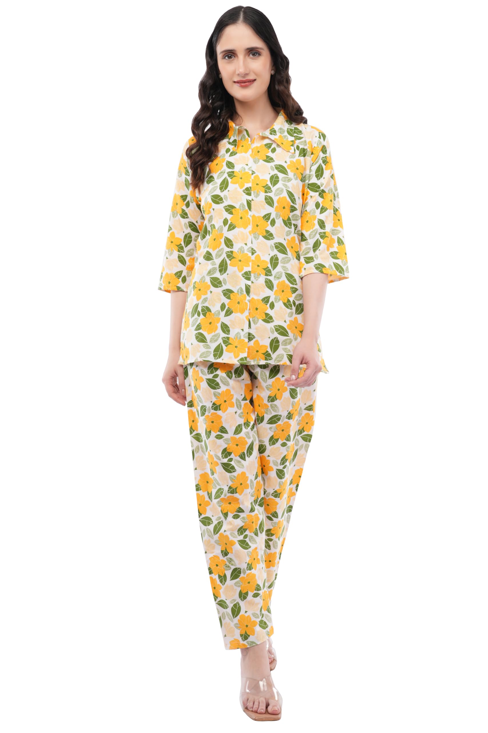 ​Women's Pure Cotton Floral Printed Co-Ord Set | Casual Notch Collar Shirt and Trouser Loungewear Set (Yellow)-picture-39