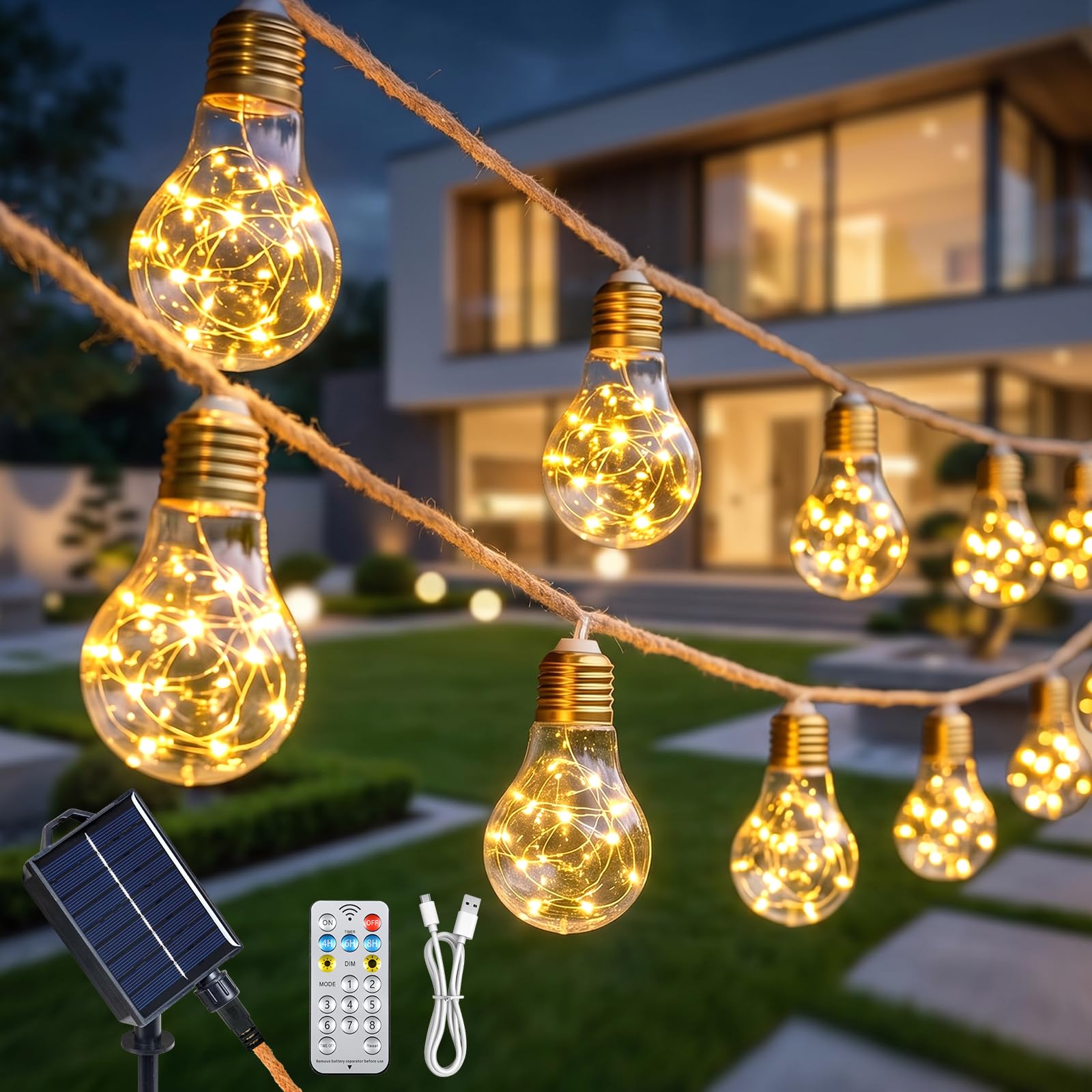 Fohil Solar String Lights Outdoor Garden, 8M 16 Edison Bulbs Garlands Lights Outdoor Waterproof, 8 Modes Solar Light Vintage Hemp Rope for Party Balcony Pavilion