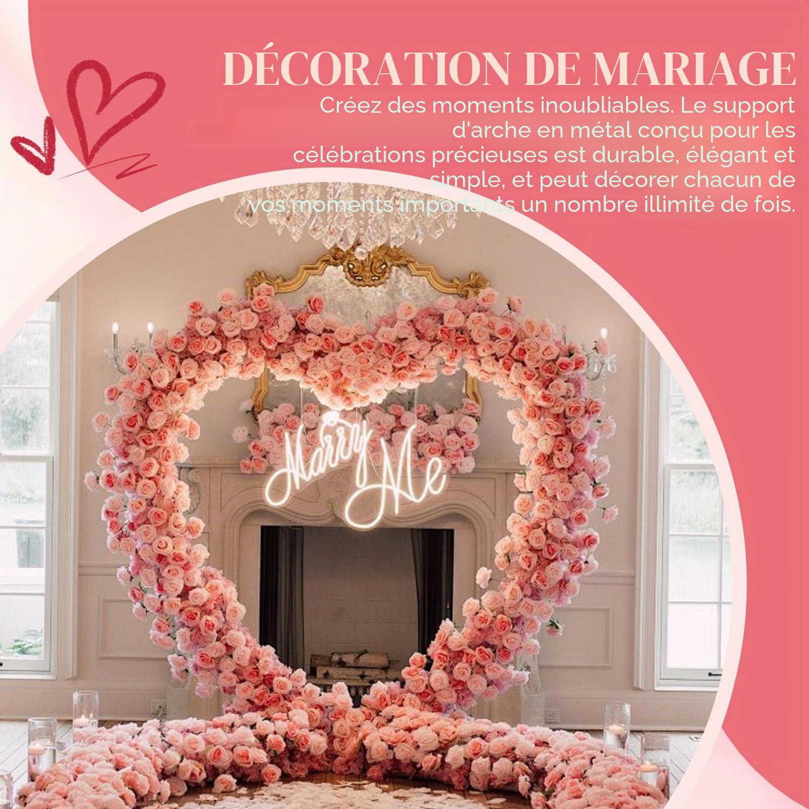 Arche de Ballons Cœur 2m x 2m en Métal avec Support, Set d’Arche en Forme de Cœur pour Mariage, Baby Shower, Anniversaire, Fête – Structure Robustes pour Décoration