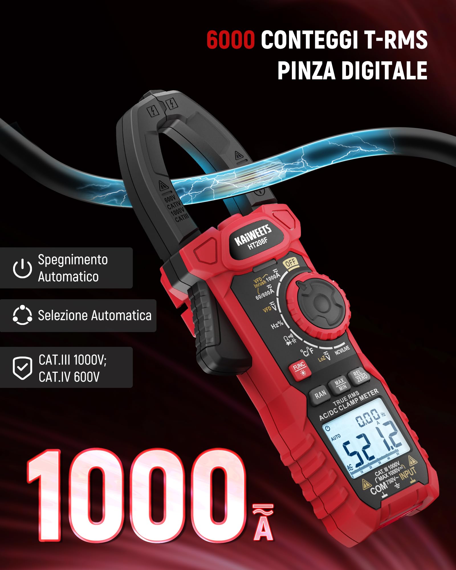 Pinza Amperometrica KAIWEETS AC/DC 1000A, Amperometro Digitale Con Conteggio 6000, Modalità VFD e LOZ, Schermo Bianco e Nero Aggiornato, AC/DC, Resistenza, Capacità, Misurazione Di Sovracorrente