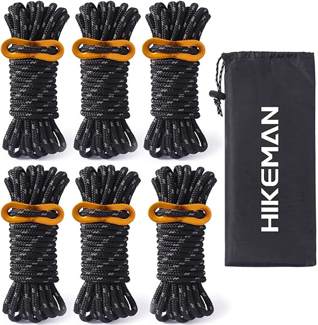6pcs Reflective Tent Guy Ropes - 5mm Tent Guy Line Heavy Duty Guide Rope with Tensioner Adjuster for Outdoor Camping Hiking Awning Tarp Tents (Black)