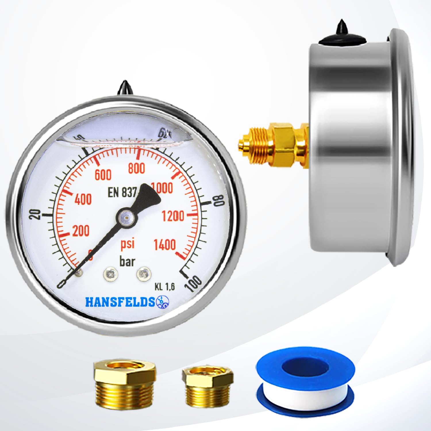 0-100bar Pressure Gauge Liquid Filled 1/4'' BSP Back Mount 63mm Dial Face stainless steel case Brass Connection Dual Scale bar/psi Accuracy1.6,2Pieces Bushing reducer1/4"to 3/8",1/4"to1/2"