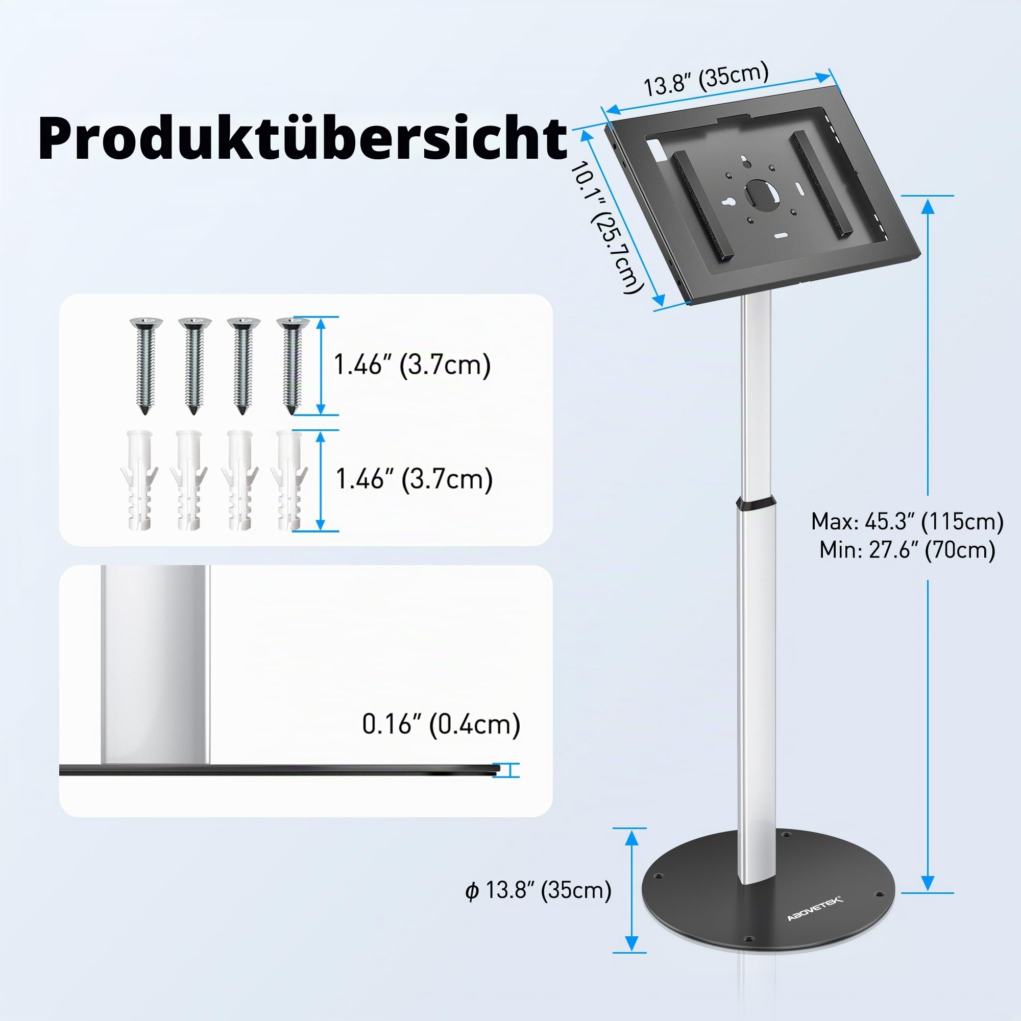 AboveTEK iPad Bodenständer mit Diebstahlschutz, Höhenverstellbarer Tablet Kiosk Stand mit Schloss, Schwerer Tablet Bodenständer für 12,9–13 Zoll iPad Pro/Air & 12,4 Zoll Galaxy Tab