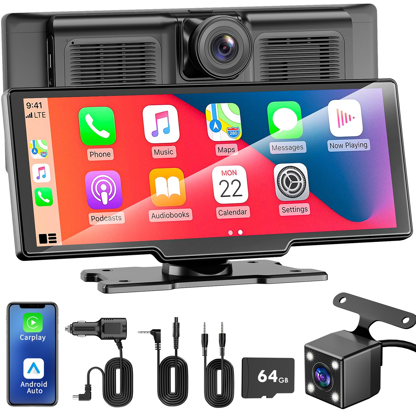 Photo 1 of 10.26" Apple Carplay Screen for Car, Wireless Portable Car Play & Android Auto HD Touch Screen, 4K Dash Cam, 1080P Backup Camera, Bluetooth 5.0, FM/Mirror Link/GPS Navigation, for All Vehicles
