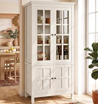 63" Kitchen Pantry Storage Cabinet with Glass Doors, Rustic White