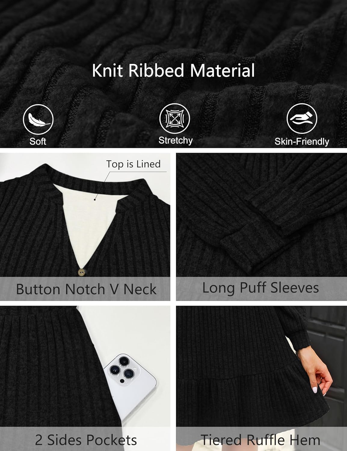 Kranda Women 2026 Spring Long Sleeve Button V Neck Casual Knit Ribbed Winter Sweater Short Mini Dresses with Pockets - Image 6