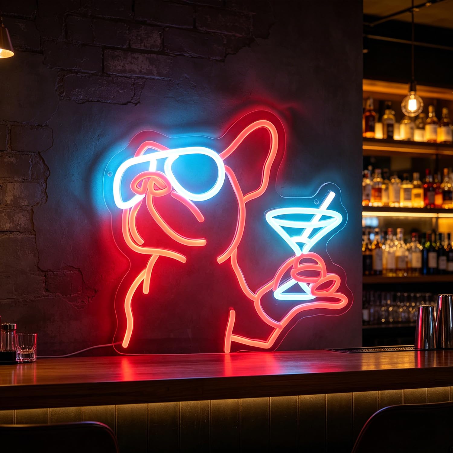 Luce al neon a LED con bulldog francese, insegna al neon per cocktail di cani, cartello a LED con vino di bulldog, decorazione da parete per stanza degli animali domestici, decorazione da parete per