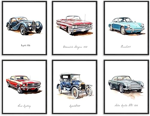 HUACANVASART Impresiones artísticas de pared de automóvil clásico en acuarela, póster de pared de automóvil clásico vintage, póster de arte retro de