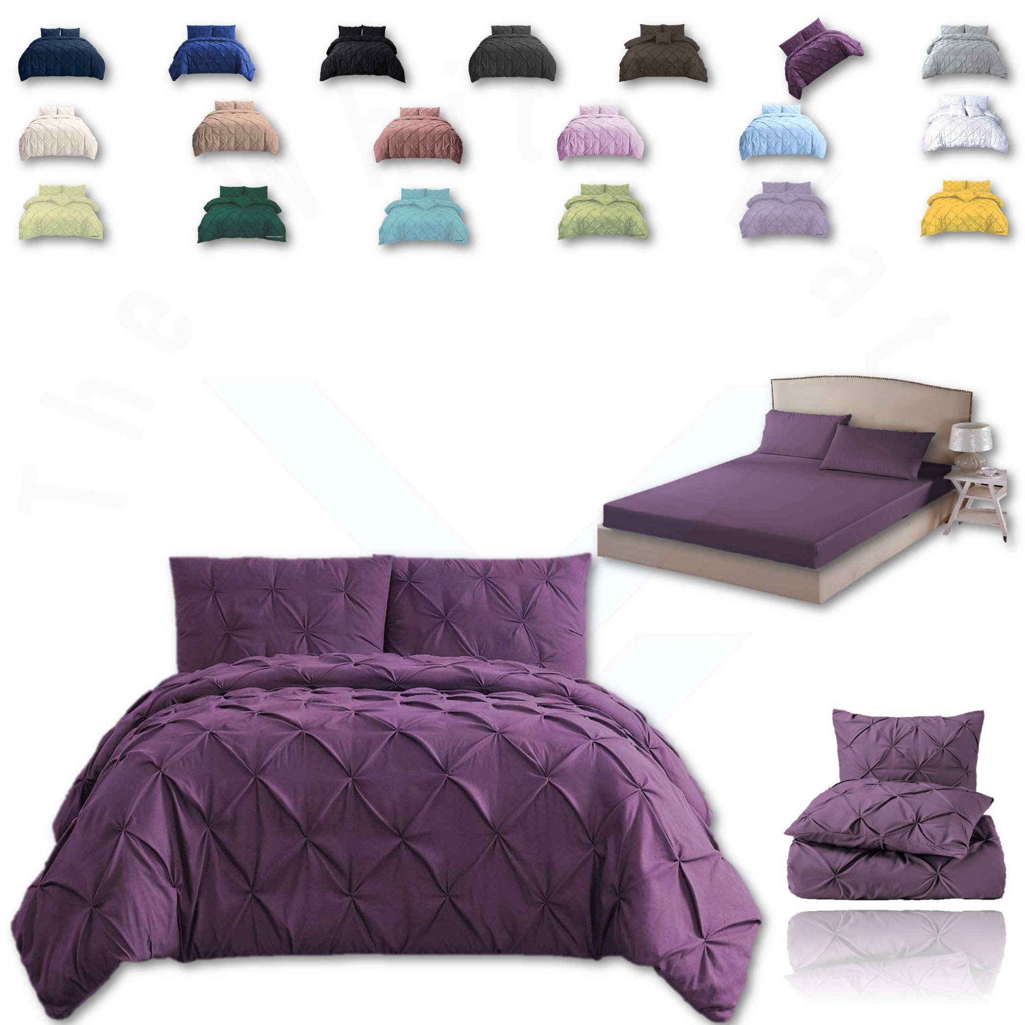 TheWhiteWater Duvet Set - 2/3 in 1 Bedding Set - Duvet Cover + Matching Pillowcases + Fitted Bed Sheets - NPolycotton Pintuck Cover (Purple Plump Shade, 3 in 1 Bedding Set - Single)