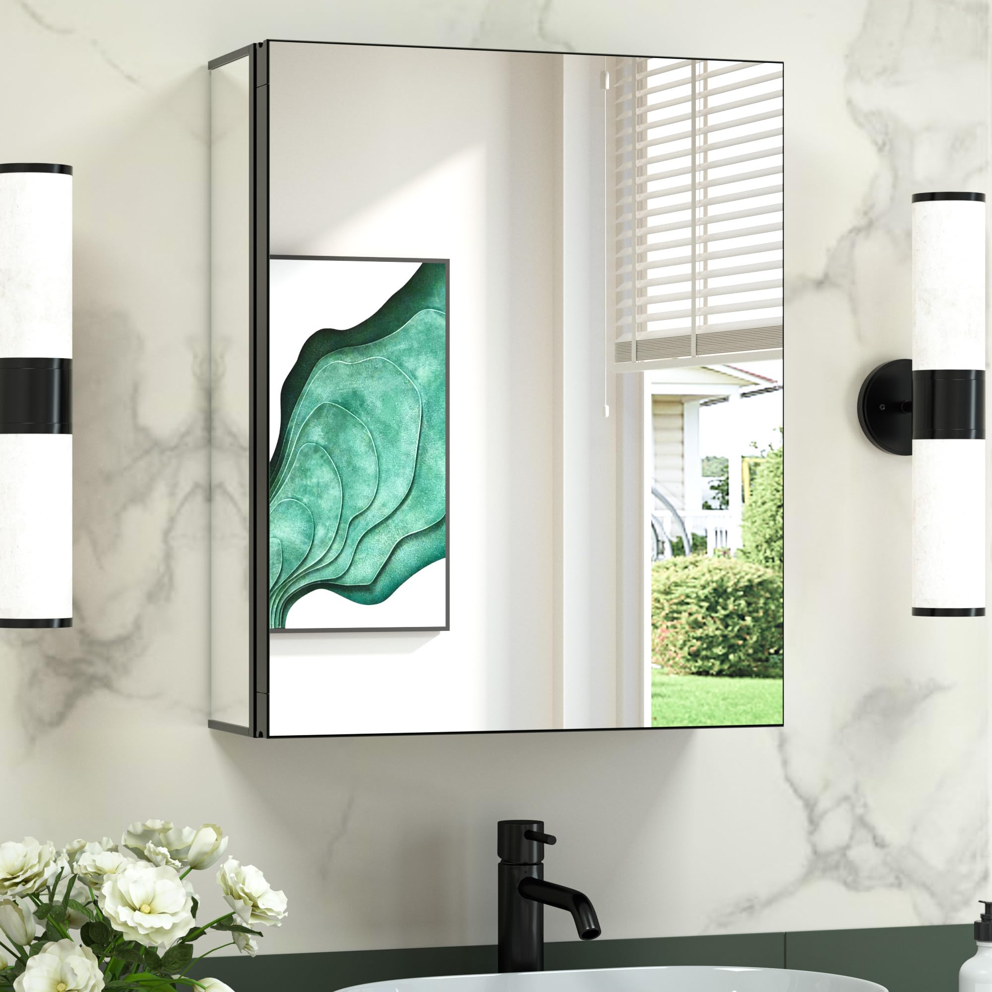 TokeShimi 16x20 Black Medicine Cabinet Mirror Recessed or Surface Mount,Aluminum Bathroom Full Mirrors Medicine Cabinet Modern Adjustable Tempered Shelf